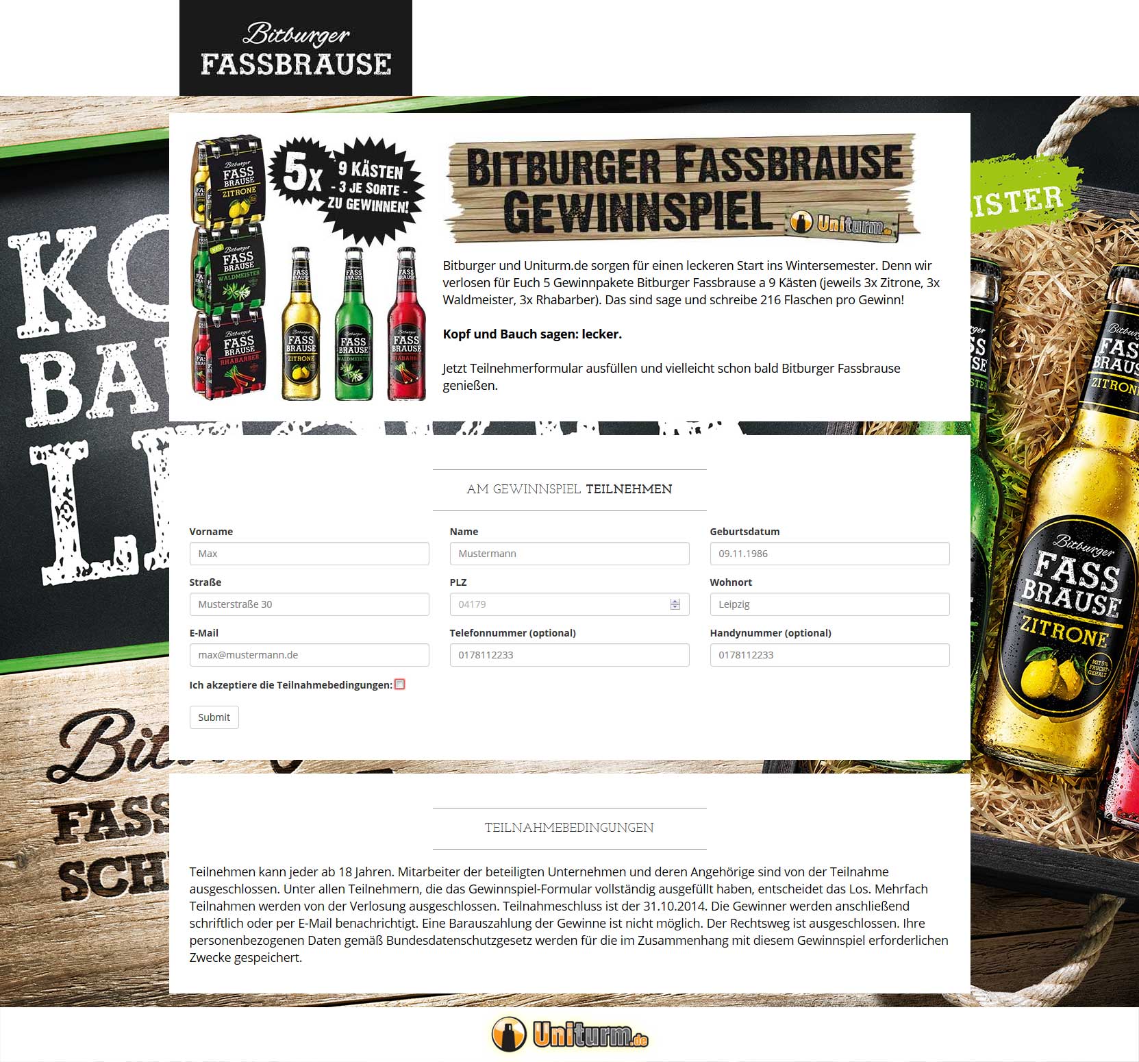 Landingpage für Gewinnspiel Bitburger