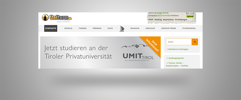 Banner Startseiteneinbindung von UMIT bei Uniturm